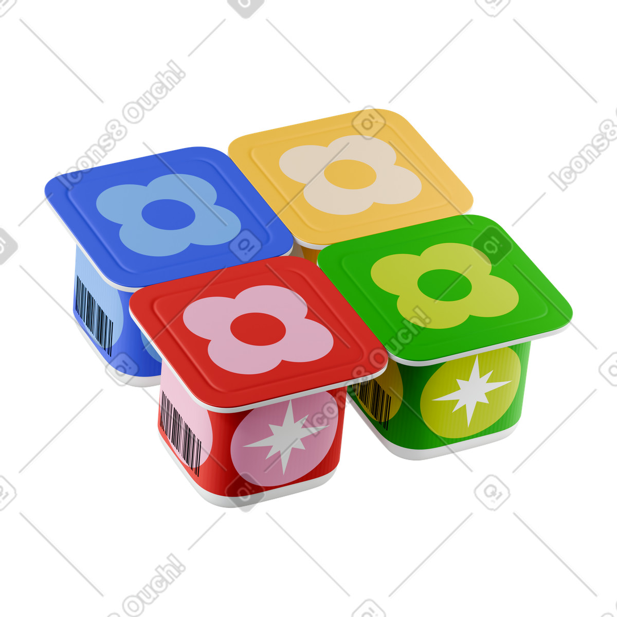 Yogurt cups colorful packaging with flower lids and barcodes-Illustration im 3D Stickle-Stil als Download in PNG, SVG