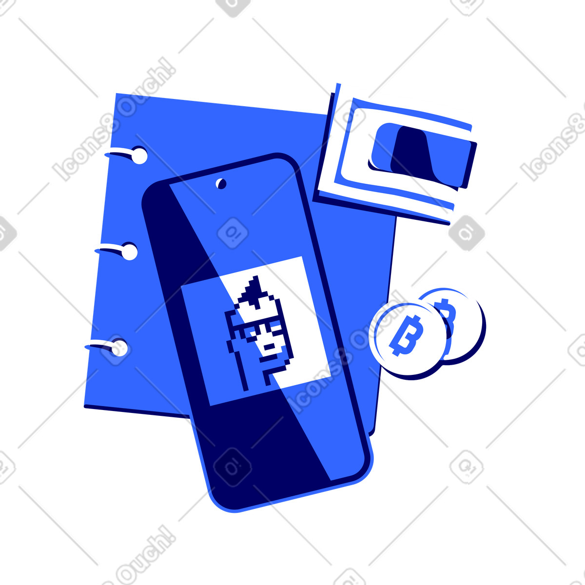 Buying nfts with bitcoin on cellphone illustration in Lounge style download in PNG, SVG