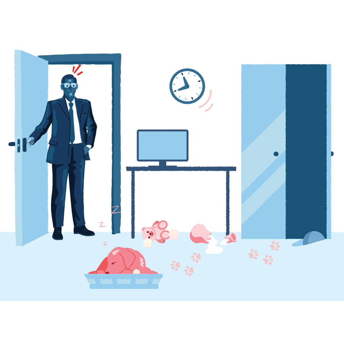 Man coming home to find it wrecked by puppy illustration in Cherry style download in PNG, SVG