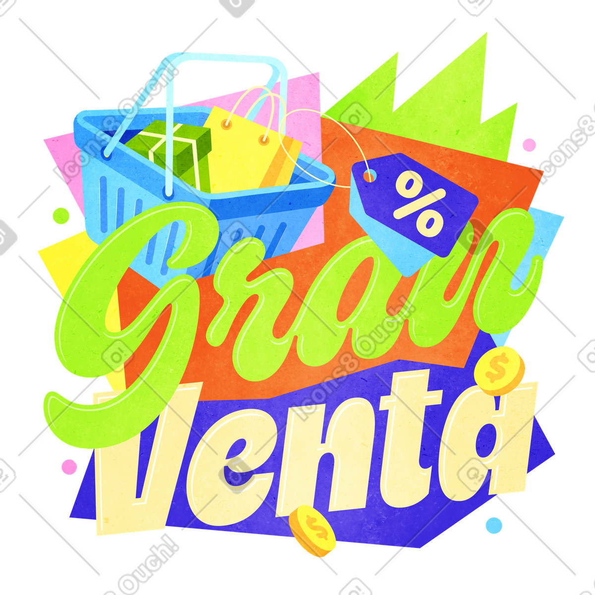 Ilustração de Letras gran venta com cesta compras e texto desconto em no estilo Lettering para baixar em PNG, SVG