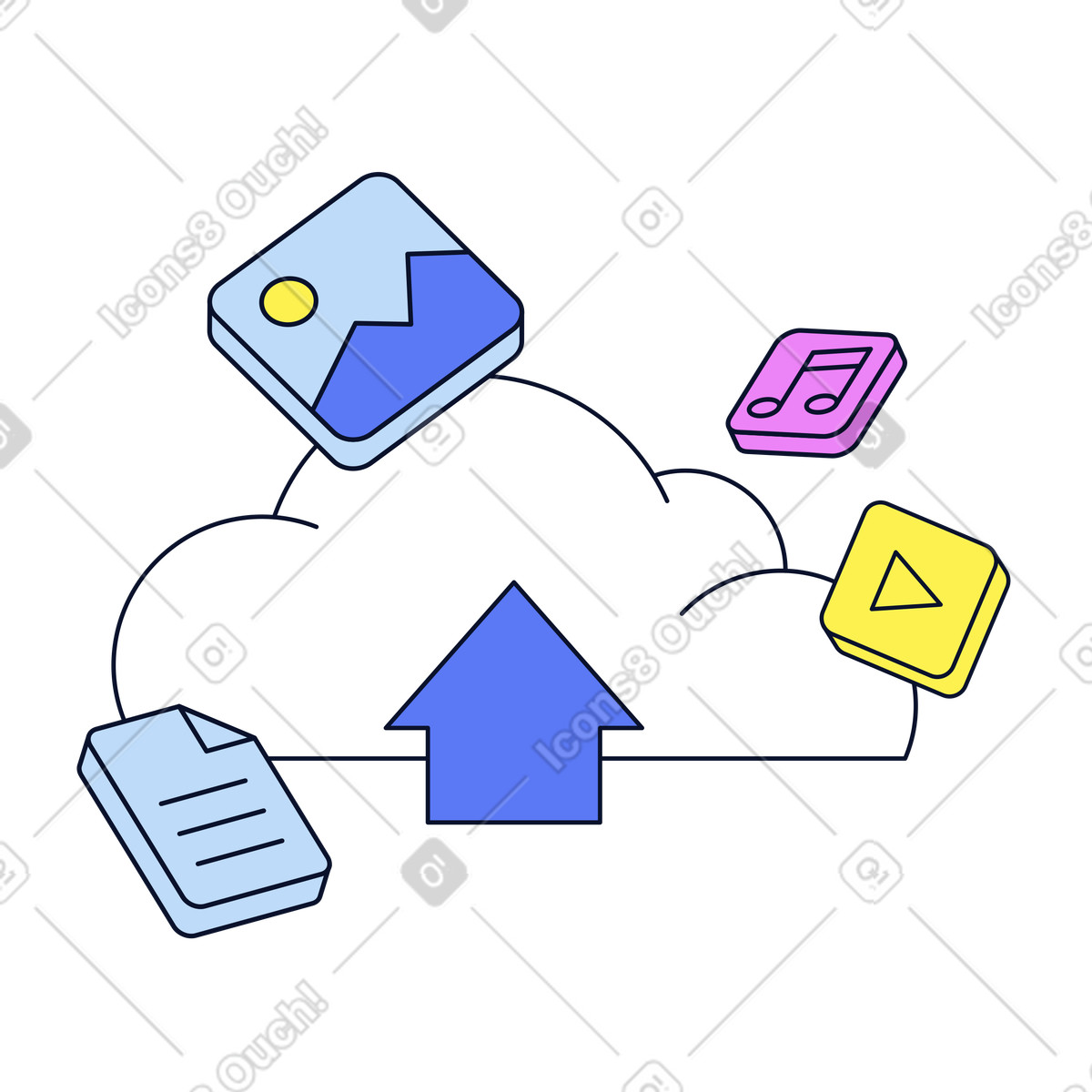 Various file types moving to cloud storage, Remote data access and synchronization illustrazione in stile Flexy scarica in PNG, SVG