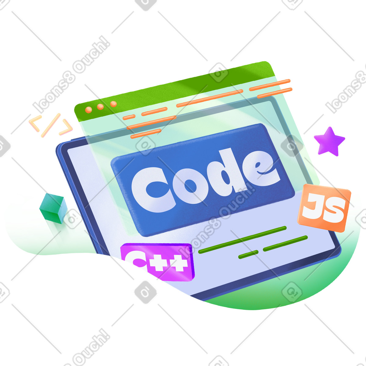 Playful code editor interface with script icons, online coding class or tutorial illustration in PNG, SVG