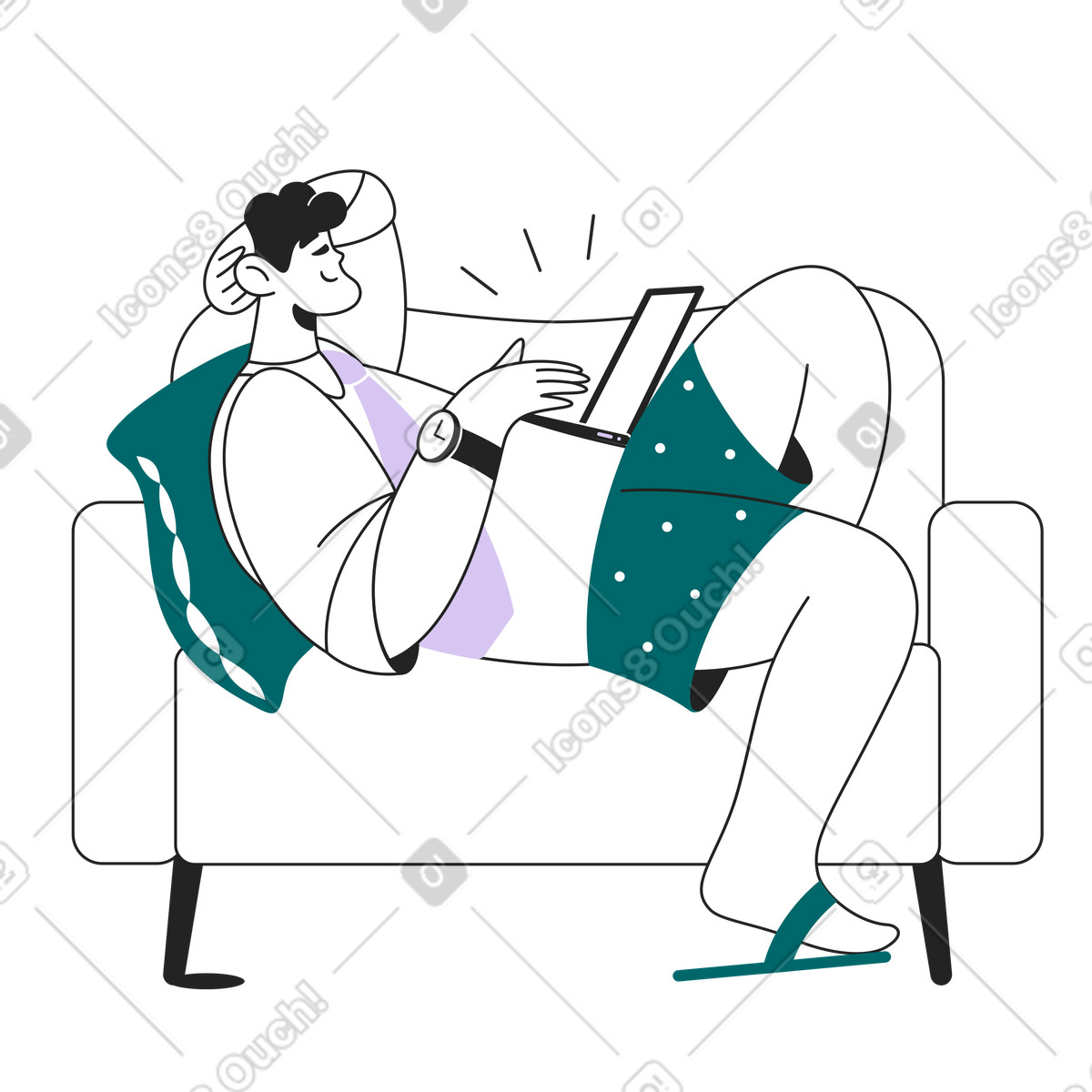 Remote worker relaxing on sofa with laptop, Flexible online job illustration in Sammy Line style download in PNG, SVG