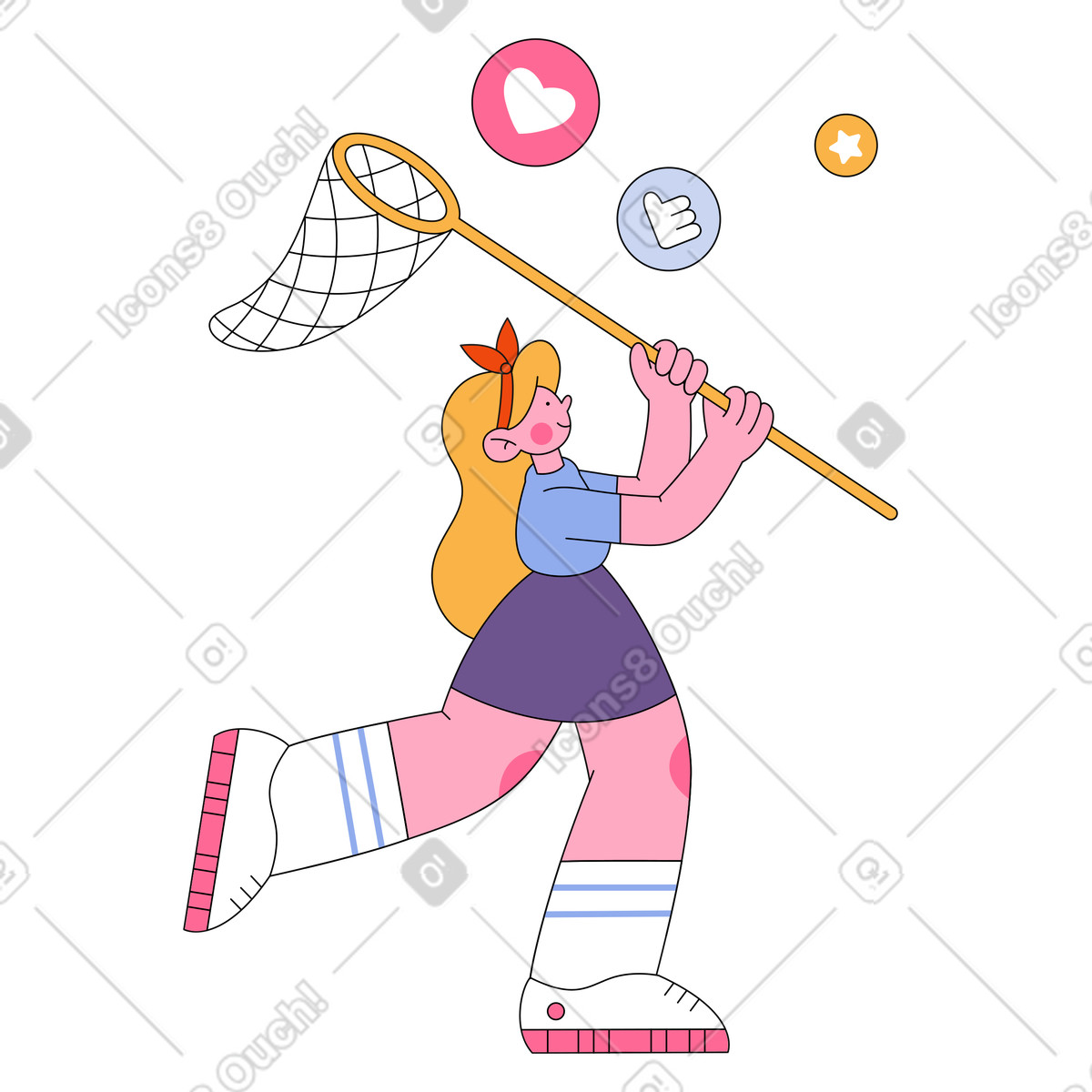 Mädchen mit einem netz, das likes und stars fängt-Illustration im Bloom-Stil als Download in PNG, SVG