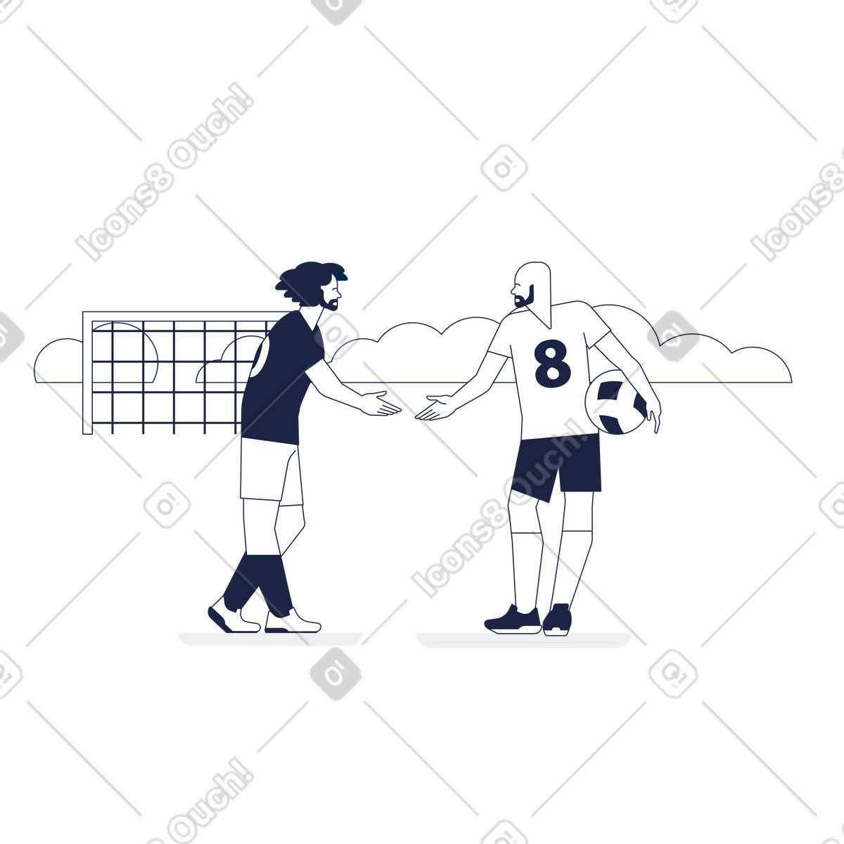 Football players greet each other with a handshake on the field illustration in Urban Line style download in PNG, SVG
