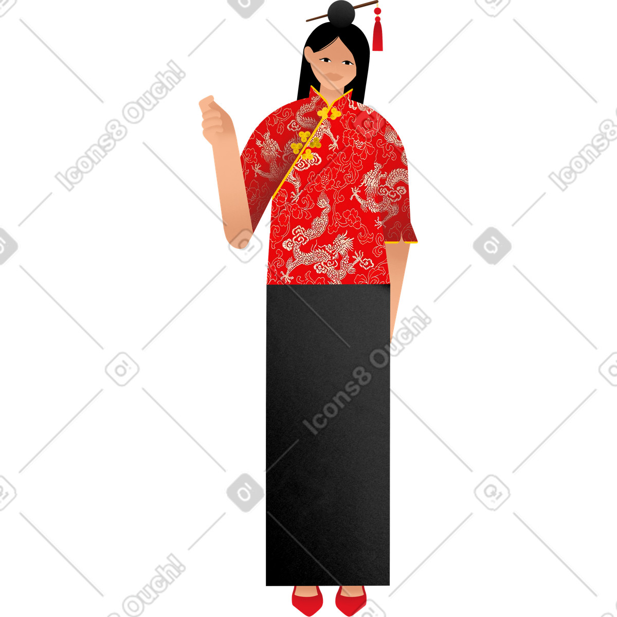 Young woman in a red top with dragons illustrazione stile Patchwork scarica PNG, SVG