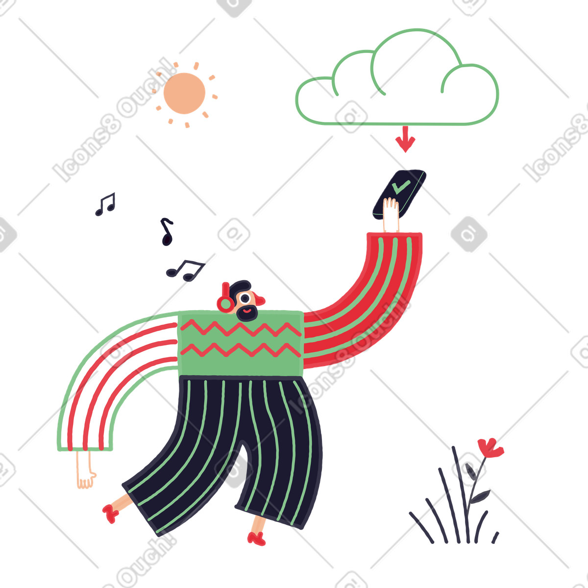 Uomo che scarica musica sul suo telefono dal cloud storage illustrazione in stile Stripy in PNG, SVG