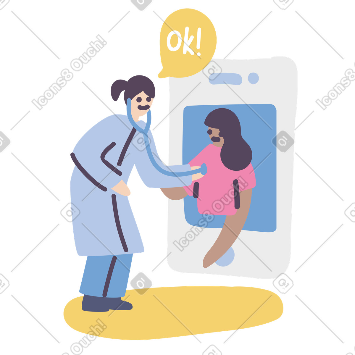 Ilustração de Médica com um estetoscópio dá uma consulta on-line a paciente em no estilo Pluto para baixar em PNG, SVG