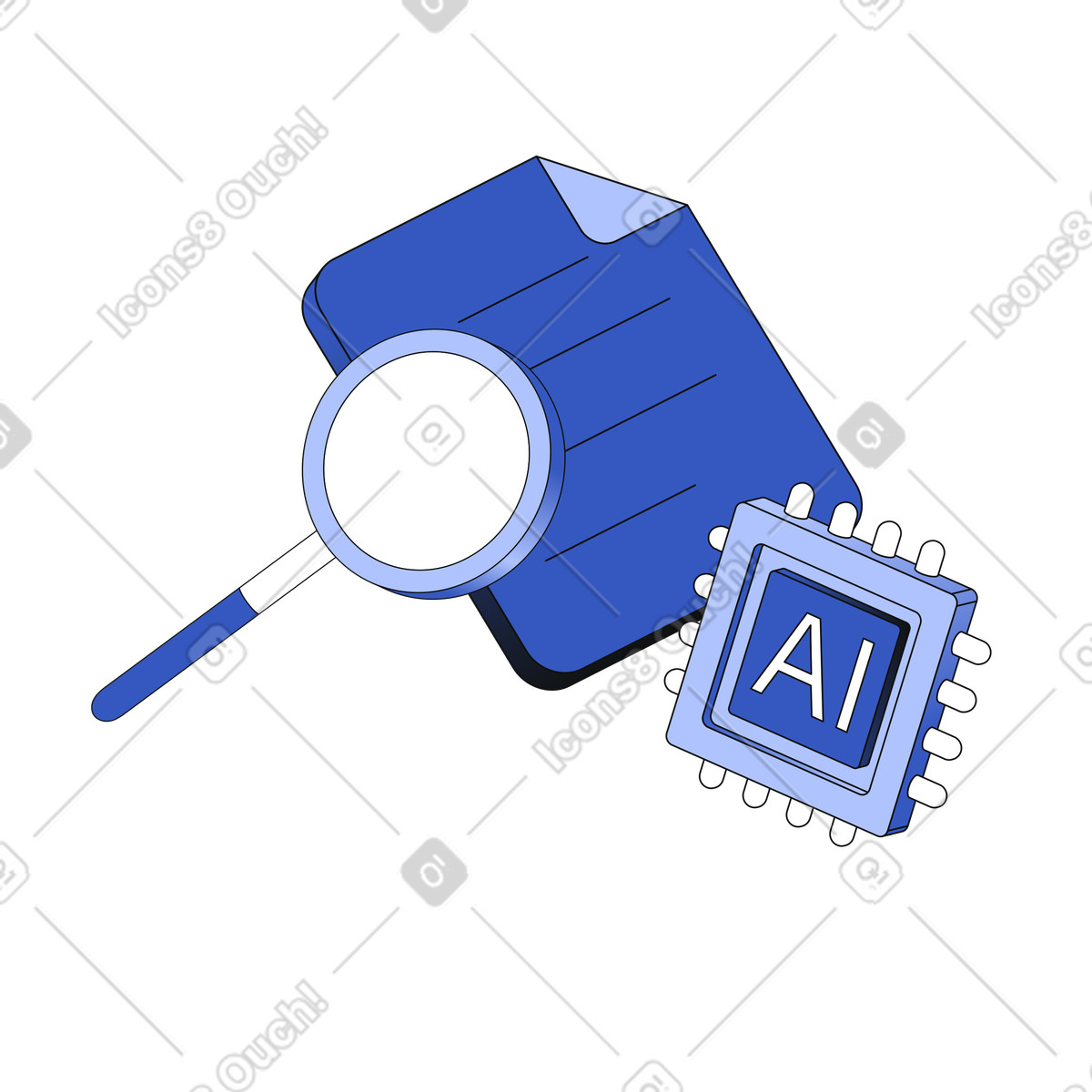 Digital document with magnifying glass and AI chip, Artificial intelligence search integration illustration in PNG, SVG