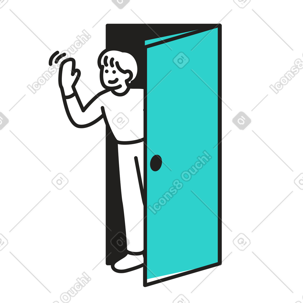 Man waving hello or goodbye in door frame, welcome, farewell illustration Little style download PNG, SVG