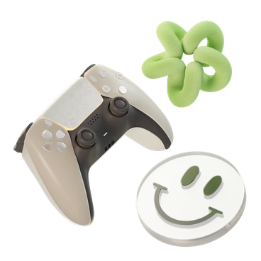 A gaming controller, smiley face, and green object - 3D Modern style illustration