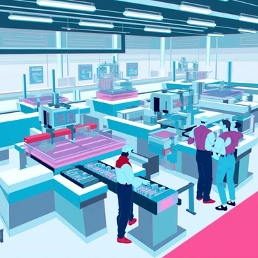 A futuristic factory interior with high ceilings and bright, artificial lighting. Several large 3D printers are operational, each with mechanical arms extending to assemble intricate building components and various products. The printers are producing large-scale structures, with layers of material visibly building up. In the background, automated conveyor belts are transporting finished items, while screens display real-time data on the printing process. A diverse group of technicians in high-tech workwear is monitoring the machines, engaged in discussions about the production. The atmosphere is filled with a sense of advanced technology and innovation.