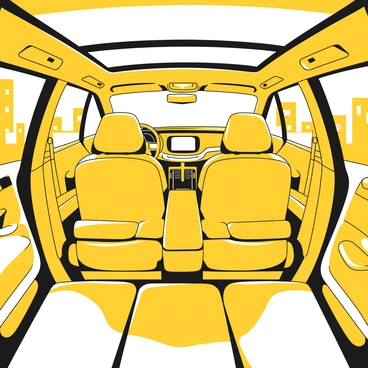 The interior of a luxury sedan featuring plush, yellow seats with a smooth texture. The seats are arranged in a spacious layout, showcasing ample legroom. Soft, ambient lighting illuminates the area, creating a warm and inviting atmosphere. The dashboard is sleek and modern, with a high-tech display in the center. Fine details such as chrome accents and wooden trim add an air of sophistication. The view through the windows shows a hint of a cityscape outside, enhancing the luxurious feel of the cabin.