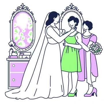 A bride is standing in a vintage-style dressing room, wearing a flowing white gown with delicate lace details. Her long veil cascades down her back. She is smiling as she adjusts her hair, which is styled in soft curls. Beside her, the maid of honor is helping by holding a bouquet of flowers. The maid of honor is dressed in a stylish, coordinating dress and has her hair elegantly styled as well. The dressing room features ornate mirrors with intricate frames, vintage furniture, and soft lighting that enhances the atmosphere. In the background, there is a decorative wall with floral wallpaper.