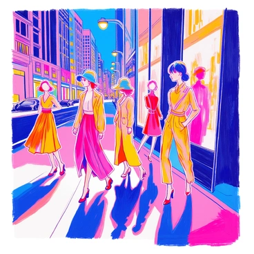 Silhouettes of several fashion models are striking dynamic poses, showcasing various styles of clothing. Each model is outlined in bright neon colors, creating a vivid contrast against a dark urban backdrop. The cityscape includes tall buildings and streetlights, adding depth to the scene. The models vary in height and posture, emphasizing the diversity of fashion. Some have flowing dresses while others sport tailored suits. The overall atmosphere is energetic and vibrant, highlighting the intersection of fashion and urban life.