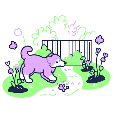A pet dog with a fluffy coat is happily exploring its new backyard garden. The dog is sniffing at various plants and flowers, with its tail wagging energetically. In the foreground, there are colorful flower beds filled with blooming plants. A small stone path winds through the garden, leading to a wooden fence in the background. A few butterflies flutter nearby, adding to the lively atmosphere. The sun casts soft shadows as the dog joyfully bounds around, discovering its new surroundings.