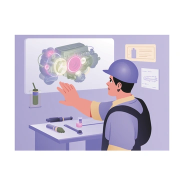 An engineer interacting with a holographic projection of a car engine