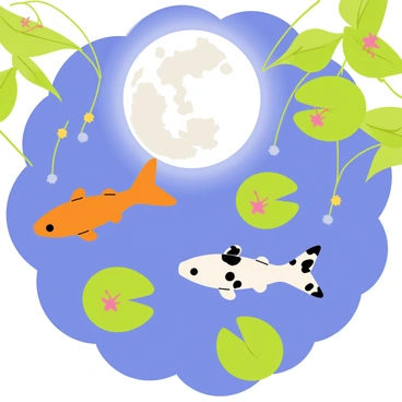 A pond with clear water reflecting a bright full moon in the night sky. Two koi fish, one orange and one white with black spots, are swimming gracefully beneath the surface. The water is slightly rippled, creating gentle distortions of the moon's reflection. Surrounding the pond are green lily pads with delicate pink flowers blooming on them. A few fireflies are visible in the air, adding a touch of sparkle to the tranquil scene.