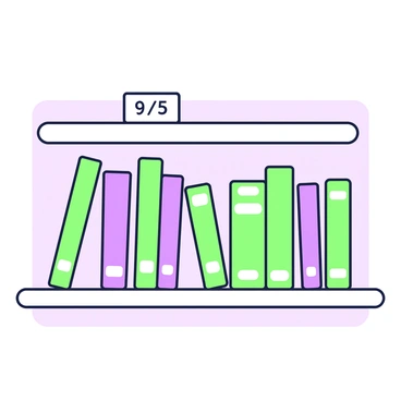 A bookshelf holds nine books arranged neatly. Five of the books are visibly checked out, leaning slightly to the left, while the remaining four books stand upright on the right. The books vary in size and width, with some displaying colorful spines and titles. A small cardholder indicating "9/5" is placed on the top shelf, clearly visible. The background features a simple wall, enhancing the focus on the bookshelf and its contents.