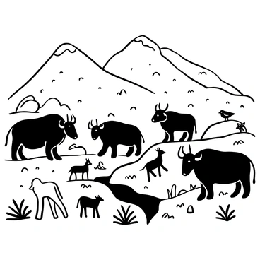 A group of yaks standing together on a rocky mountain slope, surrounded by various wildlife. There are deer grazing on the grass in the foreground, while birds can be seen perched on the backs of the yaks. In the background, a gentle stream flows, with small fish visible in the water. The mountains rise majestically in the distance, covered with patches of grass and scattered boulders. The overall setting conveys a sense of harmony among the animals in their natural habitat.