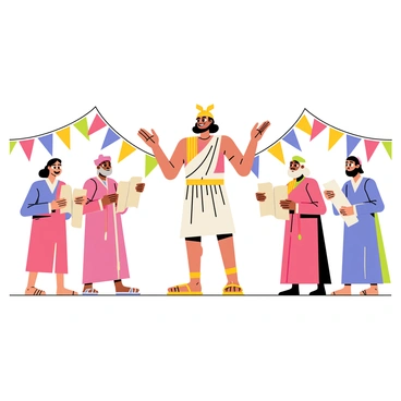 Hermes stands in the center, wearing a traditional winged helmet and sandals, with a confident expression on his face. Around him, a group of four heralds dressed in flowing robes, each holding a scroll in one hand. The heralds are positioned in a semi-circle, eagerly listening to Hermes as he gestures animatedly. Bright, colorful banners are draped in the background, fluttering slightly as if in a gentle breeze. The atmosphere is filled with excitement, hinting at the importance of the announcement about to be made.