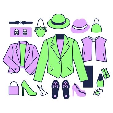 A digital collage displays a variety of fashion trends arranged in a visually striking manner. In the center, there are several outfits laid out, including a green jacket with a unique cut, paired with a contrasting purple blouse. Surrounding these outfits are various accessories like belts and hats in the same colors, creating a cohesive look. In one corner, a pair of stylish shoes with intricate designs is featured, while in another, a collection of handbags sits elegantly. Each element reflects current fashion trends through texture and design, inviting viewers to explore the diversity within the collage.