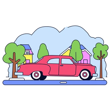 A classic vintage car in bright red color parked on a quiet street. The car features rounded edges, chrome details, and whitewall tires. Surrounding the car are simple green trees and a few small houses with colorful facades. The street is lined with minimalistic sidewalk curbs and a clear blue sky above. The scene is presented on a 9x12 illustration board.