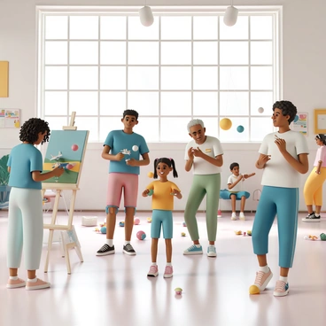 A diverse group of individuals is gathered in a large community hall, each showcasing their unique hobbies. On the left, a woman with curly hair is painting on a large canvas, surrounded by colorful paint tubes and brushes. Next to her, a man in a blue t-shirt is building a model airplane, with various tools and model parts spread out on a table. In the center, a girl with pigtails is demonstrating her skills in juggling, with a few colorful balls in the air. To the right, an elderly man is playing a wooden flute, captivating a small audience nearby. Each person displays enthusiasm and pride in their hobbies, with smiling faces and engaging body language. The hall is decorated with banners and posters that highlight the event, while natural light streams in through large windows.