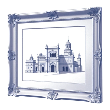A framed drawing of a famous historic landmark, surrounded by an ornate border. The landmark features intricate architectural details, showcasing its historical significance. The drawing includes elements like grand arches, decorative sculptures, and an elaborate façade, all rendered in delicate ink lines. The frame itself has elegant carvings, complementing the intricacy of the drawing within. The overall presentation emphasizes the artistry and craftsmanship of both the landmark and its framing.