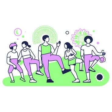 A diverse group of people is performing flutter kicks on a grassy area. They are wearing athletic clothing that reflects their cultural backgrounds. Surrounding them are traditional cultural elements such as ornate patterns and symbols that are representative of various heritages. In the background, there are decorative items like woven baskets and intricate textiles that enhance the cultural atmosphere. The individuals are engaged in their exercise with determination, showcasing a sense of community and collaboration.