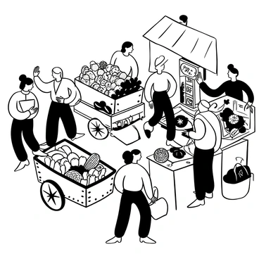 A crowded market scene filled with vendors showcasing various items. A vendor stands behind a wooden cart overflowing with fresh fruits, including apples and oranges, arranged neatly. Next to the fruit vendor, another stall displays vibrant vegetables, such as carrots and green beans, all carefully organized. Nearby, an artisan displays handmade crafts like woven baskets and pottery on a table, with intricate designs visible. Shoppers are seen moving through the market, some carrying bags filled with their purchases, while others are engaged in conversation with the vendors. The scene is animated, capturing the lively atmosphere of a busy marketplace.