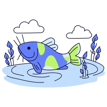 A giant catfish with shimmering scales that reflect shades of blue and green. Its body is long and sinuous, with whiskers extending from its broad face. The catfish has large, expressive eyes that convey wisdom. It is positioned gracefully in a flowing river, surrounded by stylized waves and ripples. Elegant water plants with slender leaves rise around it, adding to the mythical atmosphere. Above the catfish, a few fluffy clouds float in a bright sky.