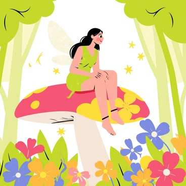 A whimsical fairy with translucent wings is perched on a large, colorful mushroom in a vibrant enchanted forest. The fairy has long, flowing hair and is wearing a dress made of leaves and petals. She is surrounded by an array of bright flowers in various shapes and sizes, including red, yellow, and blue blossoms. Twinkling fireflies are dancing around her, illuminating the scene with tiny points of light. The background features tall, green trees with sunlight filtering through the leaves, creating a magical atmosphere.