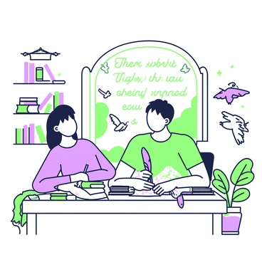 A character is sitting at a wooden desk, surrounded by sheets of parchment scattered with ink and quills. They have a focused expression as they write with a feather quill, the ink flowing smoothly on the paper. Each sentence they craft begins to shimmer and transform into birds, with wings flapping as they take flight. These birds are depicted as having intricate patterns, and they soar upwards from the parchment, filling the air above with movement. Some birds are perched on the edge of the desk, while others are seen escaping through an open window, disappearing into a bright sky. The room is filled with shelves lined with books, and a small plant sits in the corner, adding to the creative atmosphere.