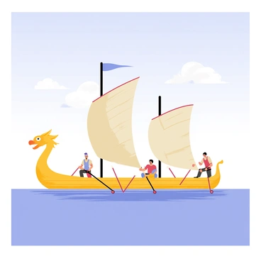 An ancient galley with a long, narrow hull and a dragon figurehead cuts through calm waters. Oarsmen are visible on both sides, energetically rowing with synchronized movements. The sun casts warm light, illuminating their faces as they work. Above, a clear blue sky stretches endlessly, with a few fluffy white clouds scattered. The ship's sails are furled, showcasing intricate patterns, while the water reflects the vibrant colors of the scene.