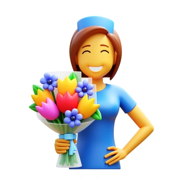 A nurse with short brown hair wearing scrubs is smiling warmly. She is holding a colorful bouquet of thank you flowers, which includes a variety of vibrant blooms such as tulips, daisies, and roses. The bouquet is wrapped in clear cellophane and tied with a ribbon. The nurse's expression conveys gratitude and joy, and the setting suggests a hospital or clinic environment.