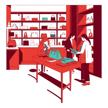 A red Loewe store features sleek, modern shelves filled with the latest collection of handbags and accessories. Several customers are browsing the items, with one trying on a teal handbag, while another looks at a display of colorful scarves. The décor includes elegant lighting fixtures and minimalistic furniture that complement the vibrant displays. The floor is polished, reflecting the stylish environment, and large windows allow natural light to flood the space, creating an inviting atmosphere for shoppers.