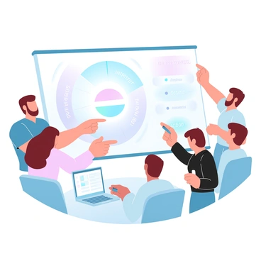 A whiteboard with a detailed sales funnel diagram drawn on it. The diagram consists of multiple sections labeled with terms such as "Awareness," "Interest," "Desire," and "Action." Each section is represented in different gradient pastel colors, creating a visually appealing effect. Around the whiteboard, there are several people engaged in discussion, pointing at the diagram. A few of them are holding notepads and pens, jotting down notes as they collaborate. A table nearby holds various marketing materials and laptops.
