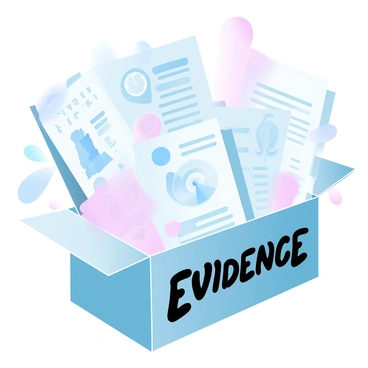 A box is overflowing with a variety of medical illustrations depicting anatomical structures and diagrams of human physiology. Several neatly stacked documents are visible, each marked with bold text that reads "EVIDENCE." The illustrations include detailed representations of organs and systems, while the documents are filled with technical jargon and charts. The background is softly blurred, drawing focus to the contents of the box.