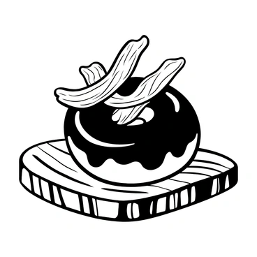 A glazed donut placed on a rustic wooden table. The donut is shiny and round, featuring a smooth, thick glaze that gleams. Topping the donut are crispy strips of bacon, arranged artistically and contrasting with the glistening surface of the donut. The wooden table has a textured surface, highlighting its natural grain and color variations. Light reflects off the glaze, adding depth to the image.