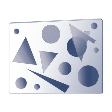 A large illustration board covered with an array of geometric shapes in various sizes and orientations. The shapes include triangles, circles, and rectangles, each sharply defined. The design features pronounced contrasts between the elements, creating a dynamic composition. Some shapes are overlapping, while others are distinctly separate, allowing for a visual play of space. The board has a polished surface, reflecting the bold arrangement of shapes.