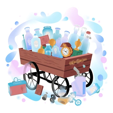 An antique cart adorned with vintage trinkets and old relics at a flea market