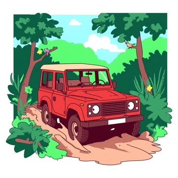 A red safari vehicle is driving through a deep muddy path in a lush green jungle. The tires of the vehicle are splashing mud as it moves forward. Surrounding the vehicle are tall trees with thick green foliage, and patches of sunlight are breaking through the leaves overhead. In the background, there are hints of colorful tropical flowers peeking through the dense greenery. The scene is lively with the sounds of nature, and a few small birds are perched on the branches nearby, adding to the adventurous atmosphere.