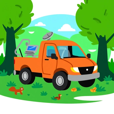 A survey truck with a sturdy build and large tires is parked amidst tall trees in a dense forest. The truck is equipped with various tools, including a large satellite dish on the roof and a set of surveying instruments mounted on the side. Bright green foliage surrounds the vehicle, with sunlight filtering through the canopy above. The ground is covered in a mix of leaves and small plants, creating a natural carpet beneath the truck. Small animals, like squirrels and birds, can be seen in the background, adding life to the scene.