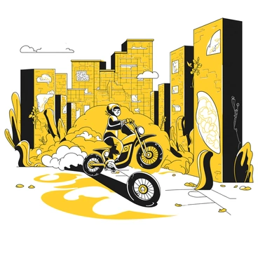 A person riding a drift bike performs a stunt, leaning sharply to the side on a cracked asphalt surface. The bike features large, knobby tires and a sleek frame. Surrounding the rider are tall, weathered walls covered in vibrant graffiti, displaying various artistic designs and messages. The ground is littered with debris and rusted metal scraps, reflecting the decay of the abandoned industrial area. In the background, old brick buildings with broken windows can be seen, partially covered in vines and neglect. The sky is overcast, adding to the gritty atmosphere of the scene.