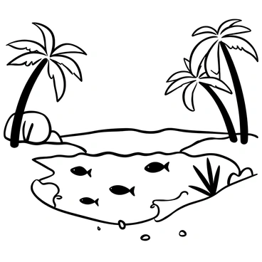 A tropical lagoon with crystal-clear water, where multiple fish are swimming gracefully beneath the surface. The water is filled with various shapes of fish, gliding in and out of view. Nearby, several palm trees extend their trunk and fronds, casting shadows on the sandy shore. The lagoon's shoreline is adorned with scattered rocks and gentle waves lapping against the sand.