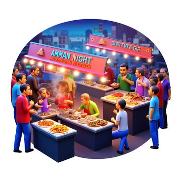 A bustling night market in Amman filled with colorful lights illuminating the scene. Street food stalls are lined up, displaying a variety of aromatic dishes. Vendors are busy preparing food, with smoke rising from grills and the vibrant colors of fresh ingredients visible. People are gathered around the stalls, engaging in lively conversations while enjoying their meals. The atmosphere is filled with the sounds of laughter and sizzling food. "Amman Night Market" is displayed in bold letters above one of the stalls.