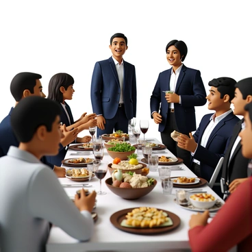A professional host with short black hair, wearing a tailored navy suit and a crisp white shirt, is engaged in conversation with a group of guests. The guests are dressed in business casual attire, showcasing a mix of blouses and dress shirts. Nearby, there is a table laden with various refreshments, including an assortment of finger foods, drinks in elegant glasses, and decorative napkins. The atmosphere is lively, with guests smiling and networking, while soft lighting illuminates the area.