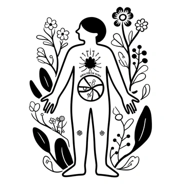 An illustration of the human body depicted as a detailed ecosystem, with various elements representing different organs and systems. The body is surrounded by natural elements such as trees, flowers, and flowing water, symbolizing harmony. A circular diagram inside the body outlines the phases of the menstrual cycle, with labeled sections depicting each stage. The background includes interconnected roots and branches to emphasize the unity and balance within the ecosystem.