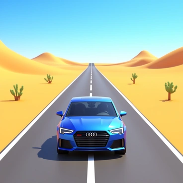 An Audi sedan driving down a long, straight asphalt road. The car is sleek and modern, reflecting sunlight with a glossy finish. In the background, a sun-drenched desert landscape stretches out, featuring rolling sand dunes under a clear blue sky. Sparse vegetation dotting the sides of the road adds to the arid scenery. The bright sun casts sharp shadows, emphasizing the contours of the car and the desert terrain. "Audi" is prominently displayed on the front of the vehicle.